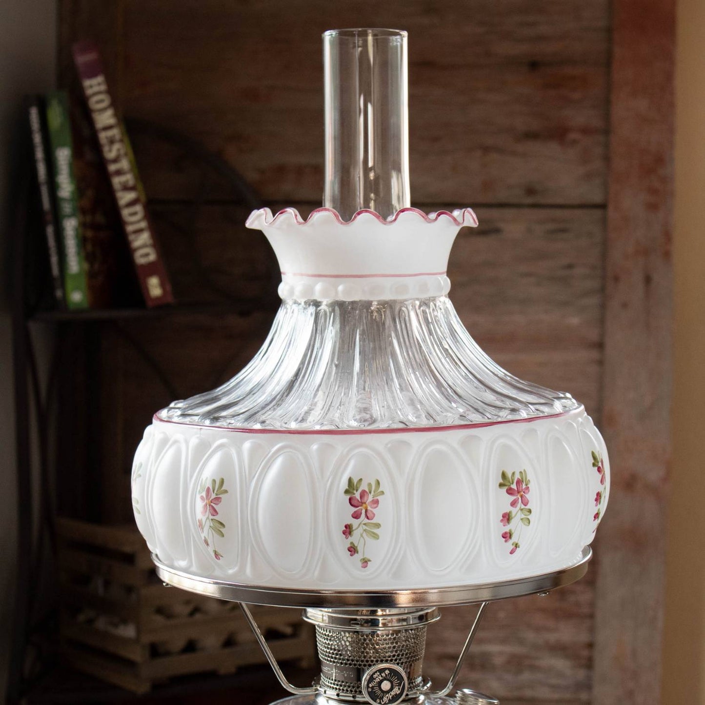 Handcrafted amethyst rose glass oil lamp shade with delicate floral accents and scalloped edge, ideal for Lamps & Lighting, Parts and Accessories, Lamp Shades, Best Sellers, and Promo Eligible collections.
