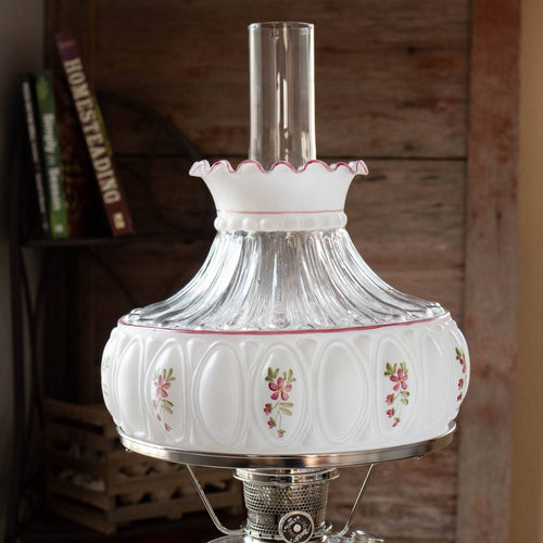 Handcrafted amethyst rose glass oil lamp shade with delicate floral accents and scalloped edge, ideal for Lamps & Lighting, Parts and Accessories, Lamp Shades, Best Sellers, and Promo Eligible collections.