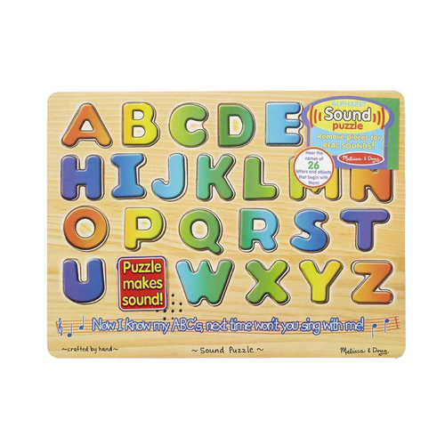Wooden educational puzzle with colorful raised alphabet letters that produce sounds when placed correctly, designed for children’s learning and featured in Toys, Children’s Toys, Games and Puzzles collections.