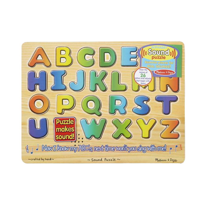 Wooden educational puzzle with colorful raised alphabet letters that produce sounds when placed correctly, designed for children’s learning and featured in Toys, Children’s Toys, Games and Puzzles collections.