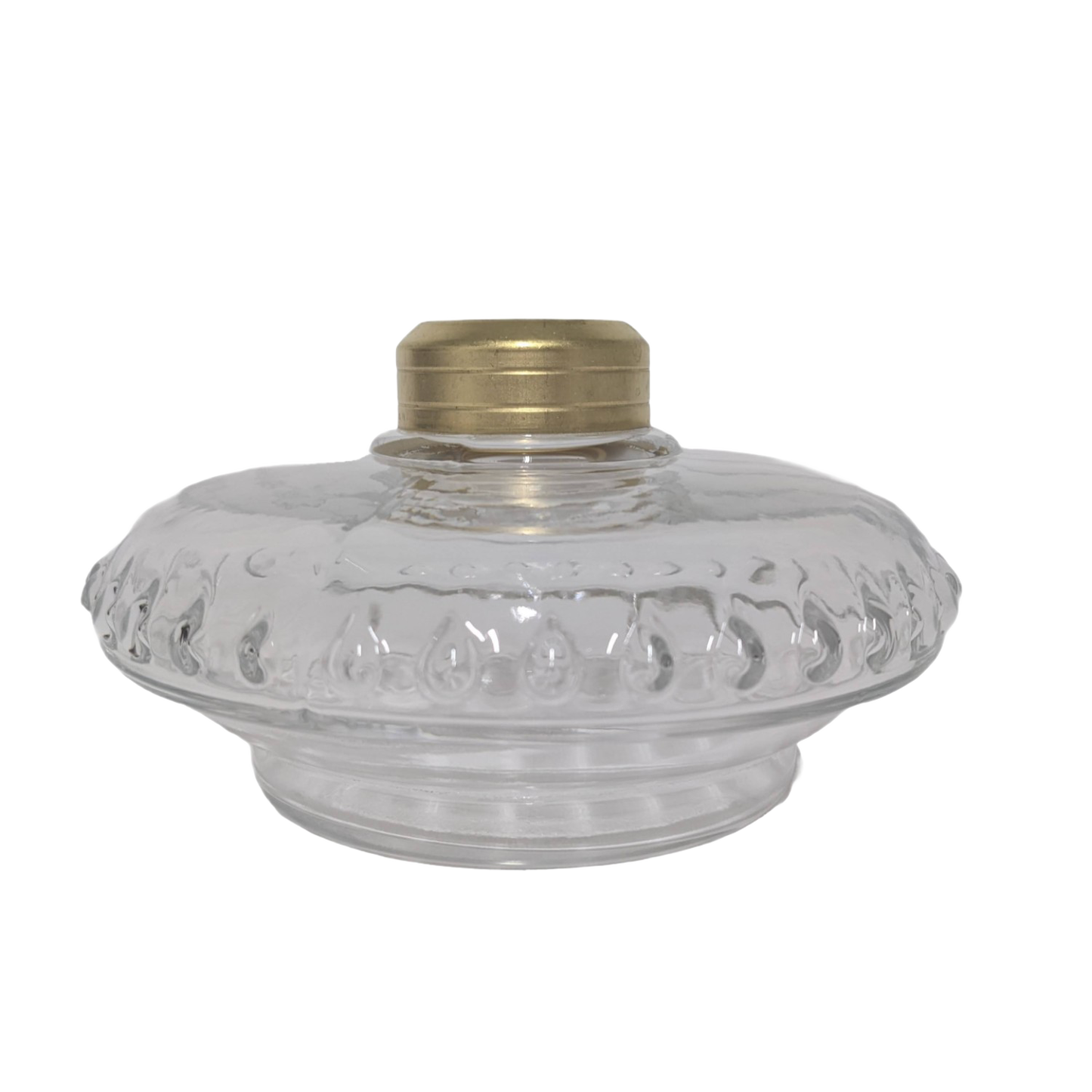 Clear glass lamp font with decorative rounded pattern and brass collar, designed for use in lamps, wall lamps, and oil lamps within Lamps & Lighting, Best Sellers, and Promo Eligible collections.
