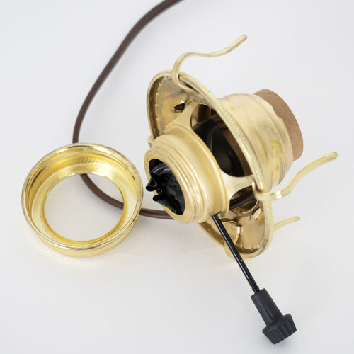 Handcrafted brass plated electrified burner with removable screw-on collar and UL listed cord, designed for oil lamps, ideal for Lamps & Lighting, Parts and Accessories, and Electric Conversion collections.