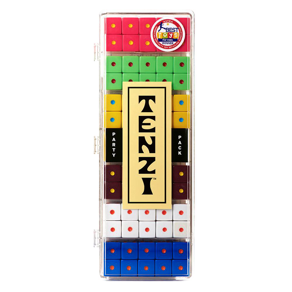 Clear plastic case containing six sets of colorful dice with red, green, yellow, white, blue, and maroon colors, designed for fast-paced family game fun, part of Toys, Books & Games collections.
