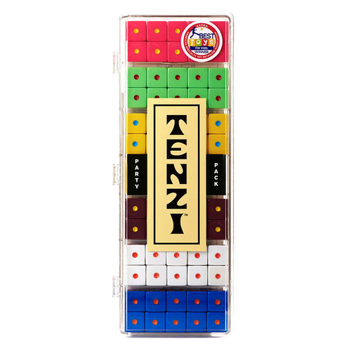 Clear plastic case containing six sets of colorful dice with red, green, yellow, white, blue, and maroon colors, designed for fast-paced family game fun, part of Toys, Books & Games collections.