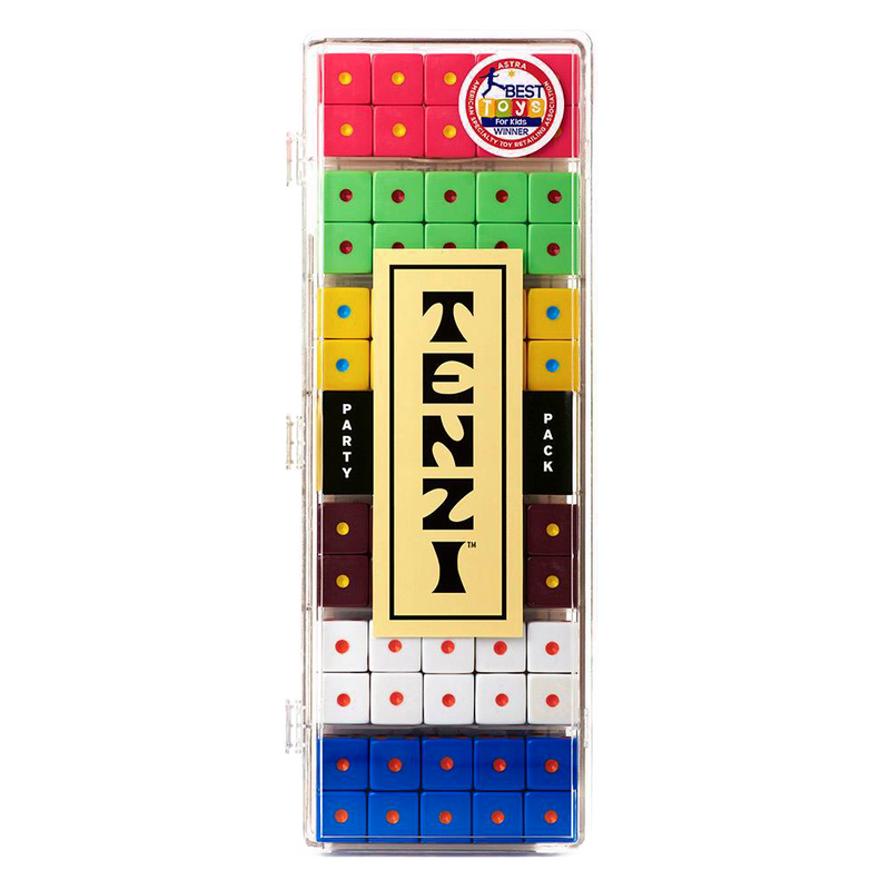 Clear plastic case containing six sets of colorful dice with red, green, yellow, white, blue, and maroon colors, designed for fast-paced family game fun, part of Toys, Books & Games collections.