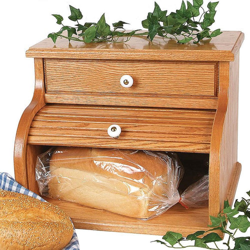 Handcrafted oak roll-top bread box with drawer in smooth light honey-brown finish, made in USA by Amish artisans, ideal for Kitchen & Food, Storage and Serving, and Best Sellers collections.