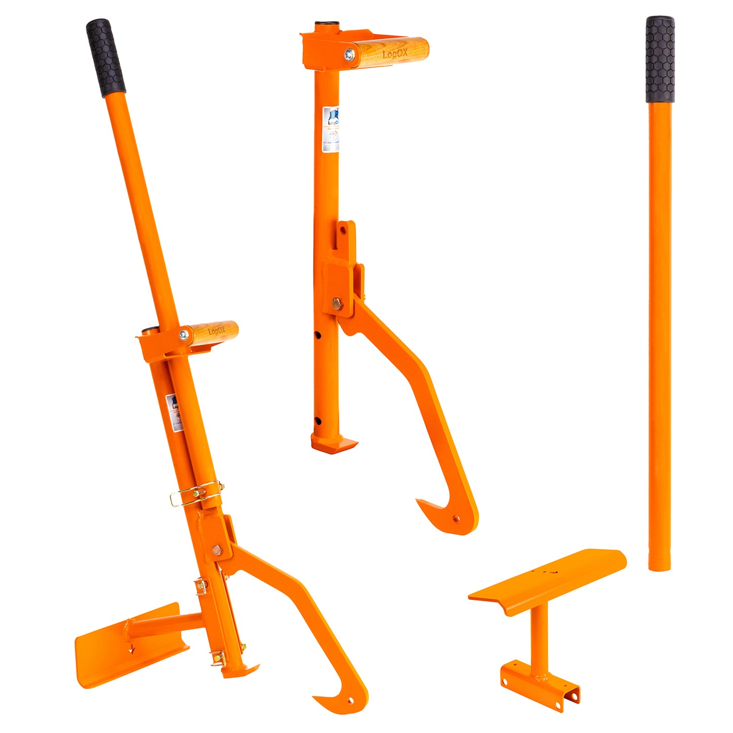 Bright orange forestry multitool components for bucking, lifting, and splitting logs, featuring ergonomic handles and metal hooks, part of Farm, Garden & Tool and Wood Cutting collections.