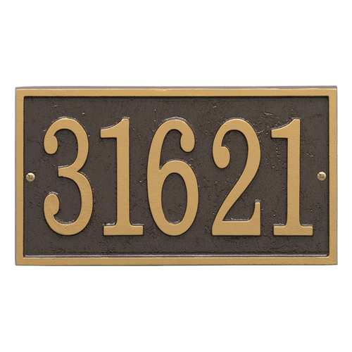 Rectangular custom address plaque with bronze background and gold numbers, handcrafted in the USA, enhancing curb appeal in Home & Decor and Mailboxes and Address Signs collections.