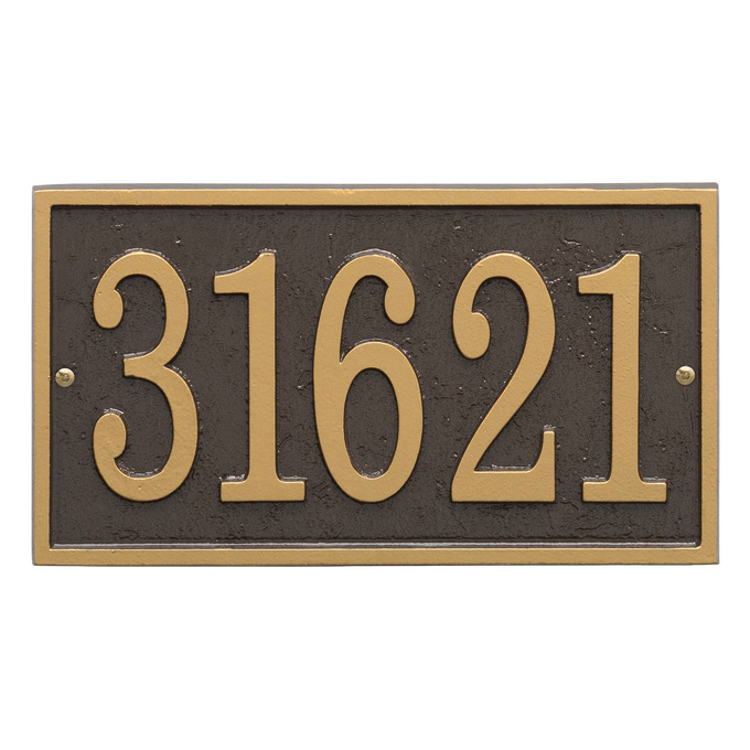 Rectangular custom address plaque with bronze background and gold numbers, handcrafted in the USA, enhancing curb appeal in Home & Decor and Mailboxes and Address Signs collections.