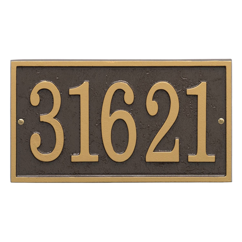 Rectangular custom address plaque with bronze background and gold numbers, handcrafted in the USA, enhancing curb appeal in Home & Decor and Mailboxes and Address Signs collections.