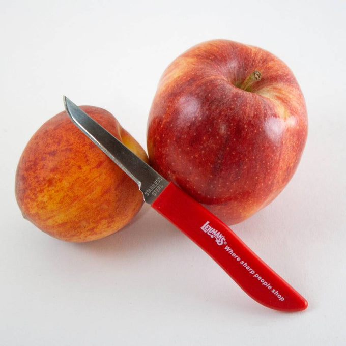 Set of three handcrafted flexible paring knives with red handles, designed for peeling and coring fruit, featured in Farm, Garden & Tool, Kitchen & Food, and Best Sellers collections.