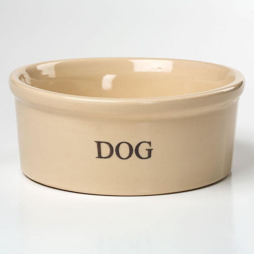 Large beige stoneware dog bowl with a glossy lead-free glaze, designed to stay put, handcrafted in the USA, suitable for pet supplies and home decor collections.