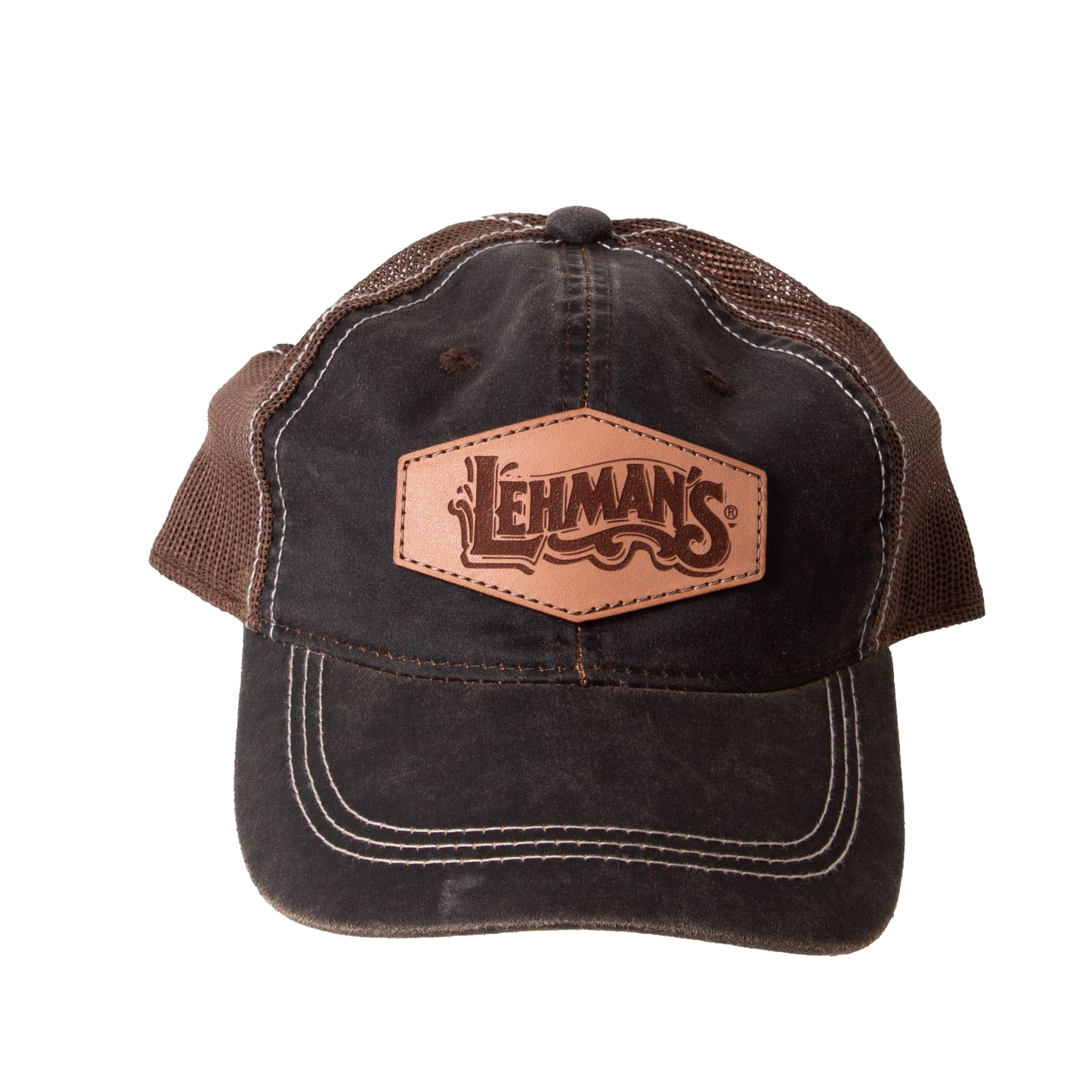 Adjustable vintage-style cap with weathered cotton front, breathable brown mesh back, and a unique Lehman's leather patch, featured in Health & Wellness, Clothing and Accessories, Best Sellers, Promo Eligible collections.