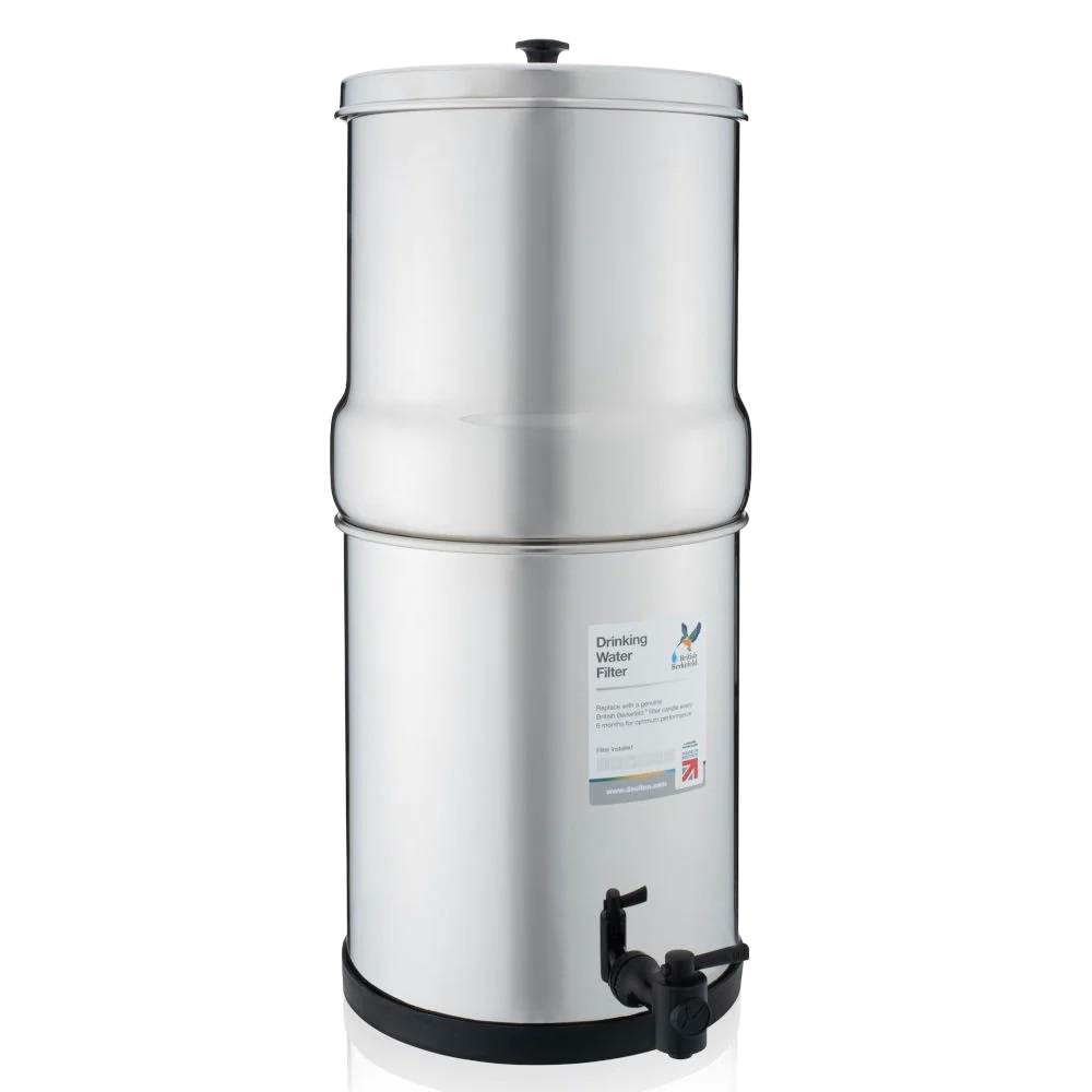 Handcrafted stainless steel gravity water filter with two-stage ceramic filtration, designed for camping, emergency supplies, and farm, garden & tool collections.