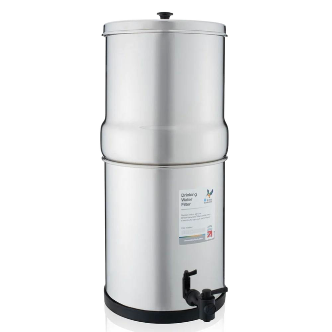 Handcrafted stainless steel gravity water filter with two-stage ceramic filtration, designed for camping, emergency supplies, and farm, garden & tool collections.