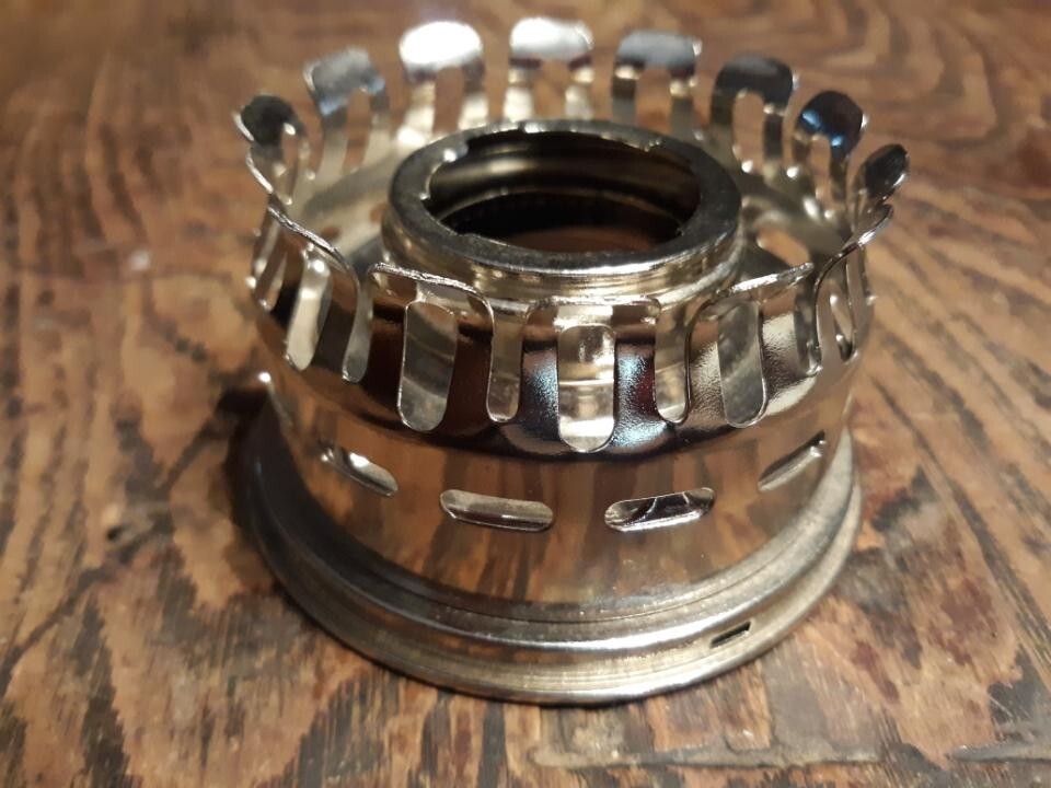 Polished heel-less metal oil lamp gallery top designed for vintage burner compatibility, featured in Lamps & Lighting, Parts and Accessories, Lamp Burners and Collars, Best Sellers, and Promo Eligible collections.