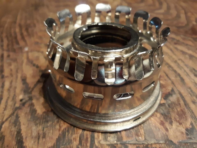 Polished heel-less metal oil lamp gallery top designed for vintage burner compatibility, featured in Lamps & Lighting, Parts and Accessories, Lamp Burners and Collars, Best Sellers, and Promo Eligible collections.