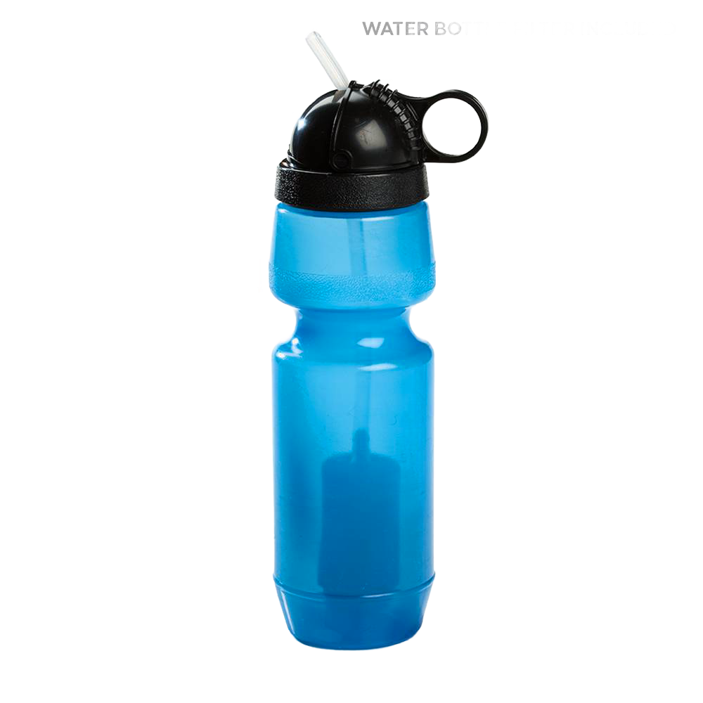 Blue Sport Berkey water bottle with built-in filter and black cap featuring a straw, designed for clean drinking water in Farm, Garden & Tool, Camping, and Emergency Supplies collections.