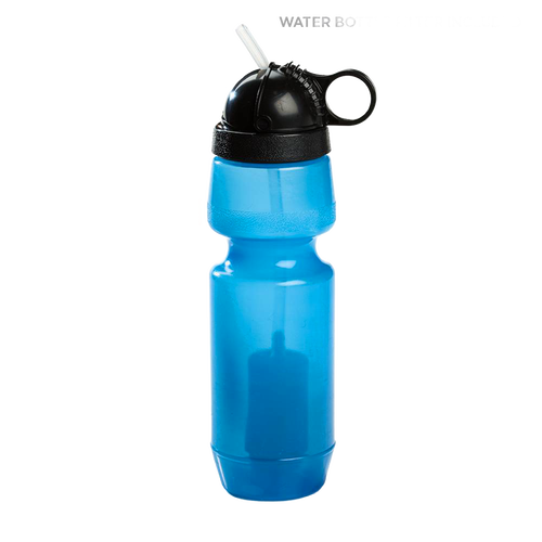 Blue Sport Berkey water bottle with built-in filter and black cap featuring a straw, designed for clean drinking water in Farm, Garden & Tool, Camping, and Emergency Supplies collections.