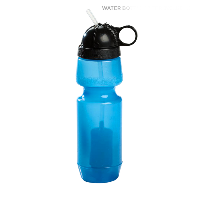 Blue Sport Berkey water bottle with built-in filter and black cap featuring a straw, designed for clean drinking water in Farm, Garden & Tool, Camping, and Emergency Supplies collections.