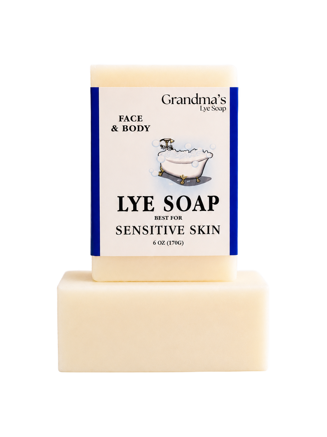 Handcrafted bar of Grandma's lye soap for face and body, gentle on sensitive skin, made in USA, featured in Health & Wellness, Grooming, Soaps, and Best Sellers collections.