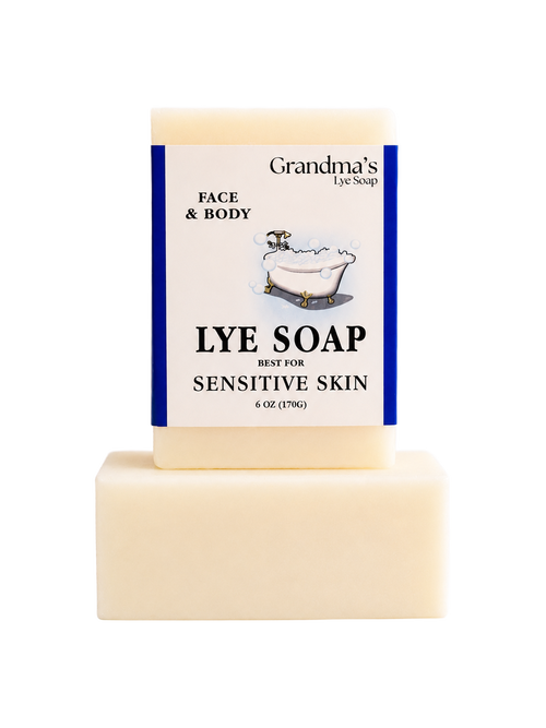 Handcrafted bar of Grandma's lye soap for face and body, gentle on sensitive skin, made in USA, featured in Health & Wellness, Grooming, Soaps, and Best Sellers collections.