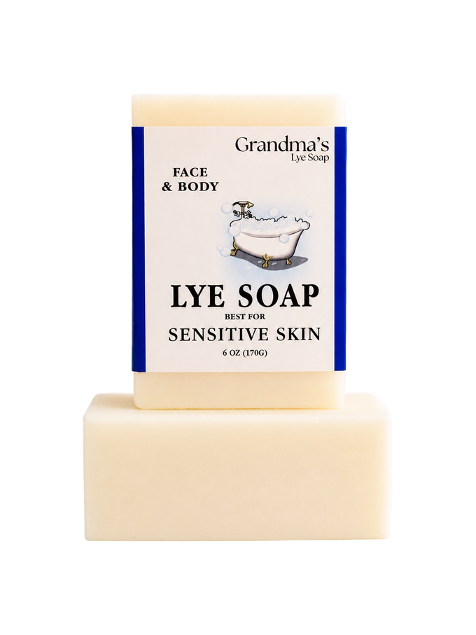 Handcrafted bar of Grandma's lye soap for face and body, gentle on sensitive skin, made in USA, featured in Health & Wellness, Grooming, Soaps, and Best Sellers collections.