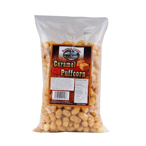 Clear bag filled with golden, crunchy caramel puffcorn coated in sweet caramel, part of Kitchen & Food, Snacks and Sweets, USA Made, Best Sellers, and Promo Eligible collections.
