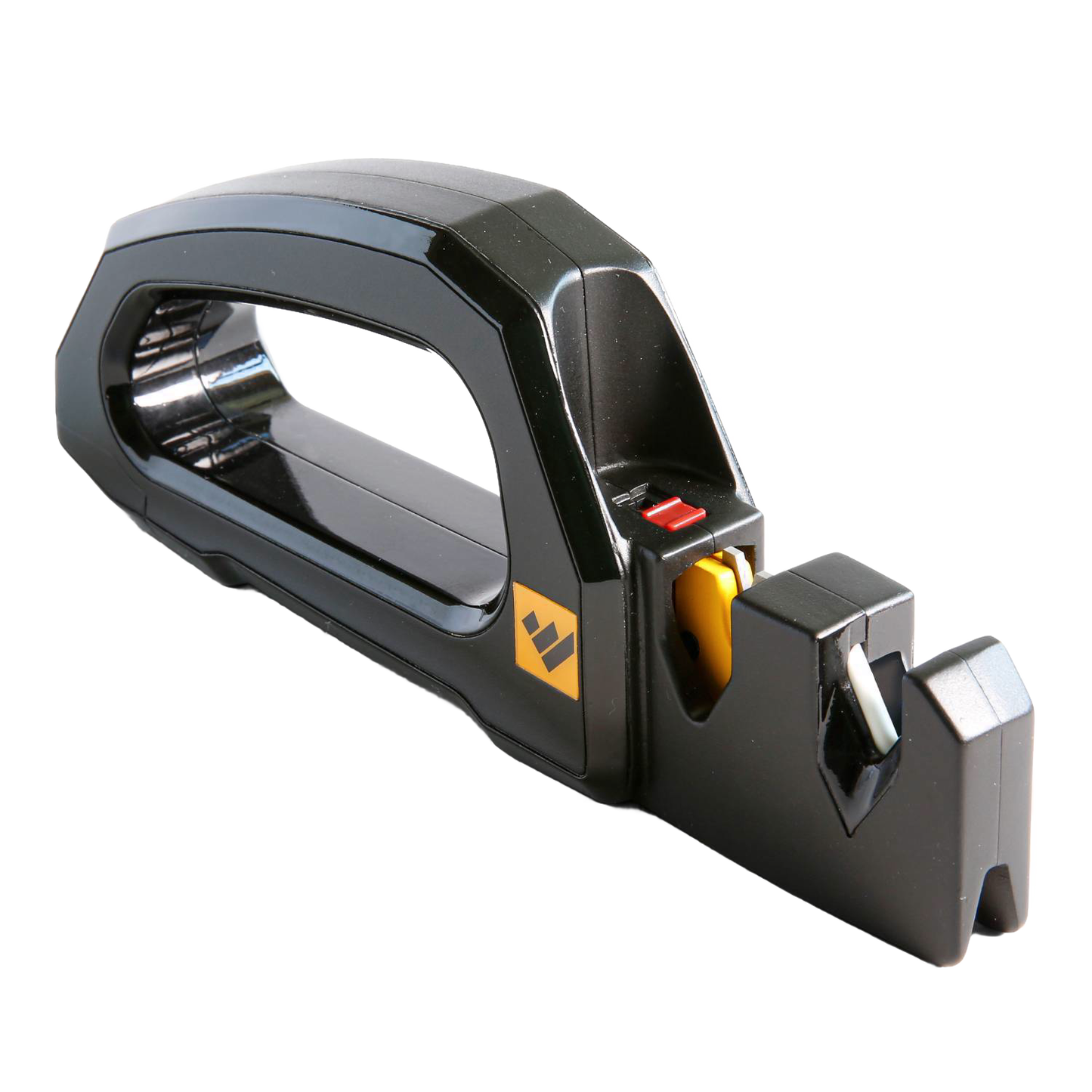 Black handheld knife and tool sharpener with ergonomic grip, featuring a safety switch and dual sharpening slots, ideal for quick edge restoration in Farm, Garden & Tool and Kitchen & Food collections.