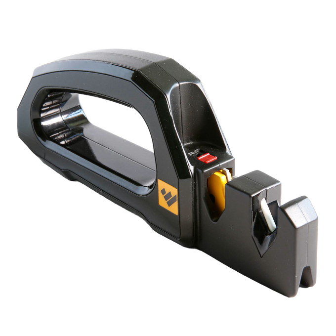 Black handheld knife and tool sharpener with ergonomic grip, featuring a safety switch and dual sharpening slots, ideal for quick edge restoration in Farm, Garden & Tool and Kitchen & Food collections.