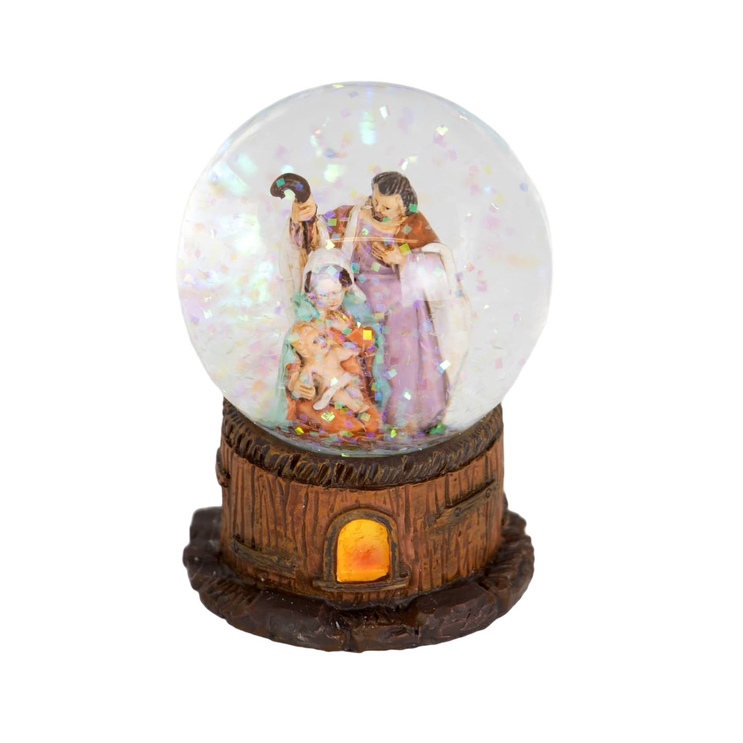Handcrafted mini glitter snow globe featuring a detailed Holy Family scene inside a glass globe with a rustic, warm-toned base, ideal for Home & Decor and Holiday Decor.