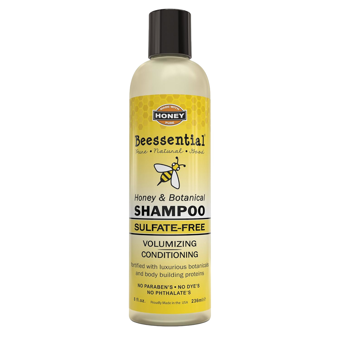 Handcrafted sulfate-free shampoo bottle featuring honey and botanical ingredients, designed for volumizing and conditioning, showcased in Health & Wellness and USA Made collections.