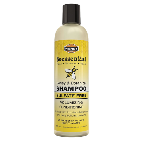 Handcrafted sulfate-free shampoo bottle featuring honey and botanical ingredients, designed for volumizing and conditioning, showcased in Health & Wellness and USA Made collections.