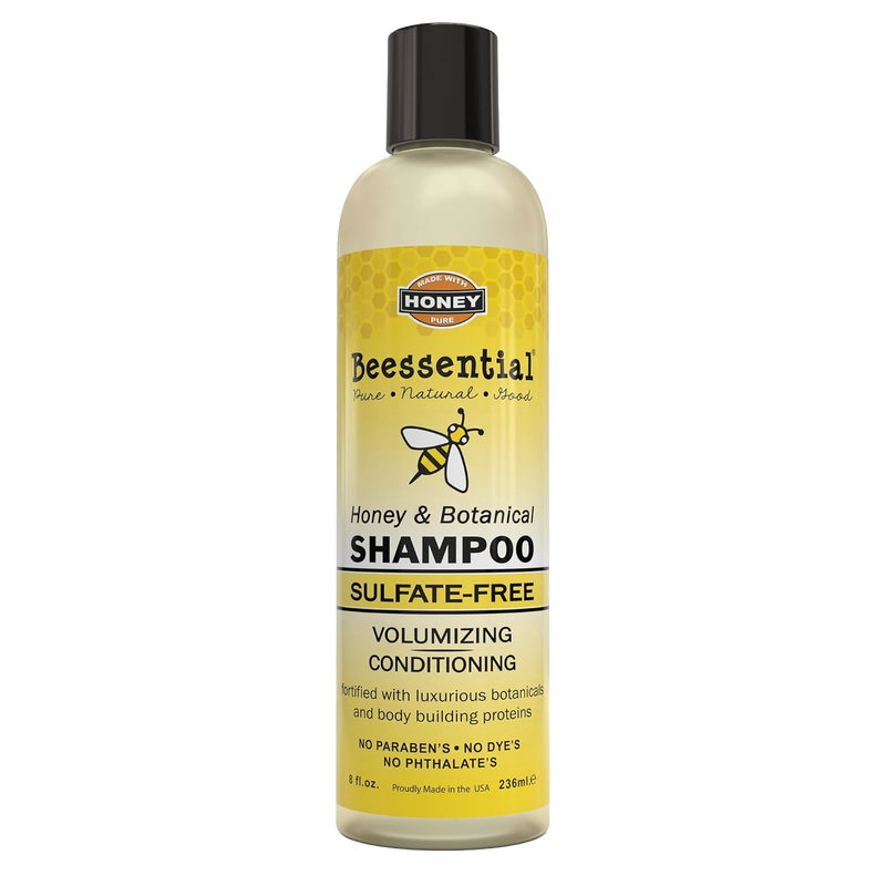 Handcrafted sulfate-free shampoo bottle featuring honey and botanical ingredients, designed for volumizing and conditioning, showcased in Health & Wellness and USA Made collections.
