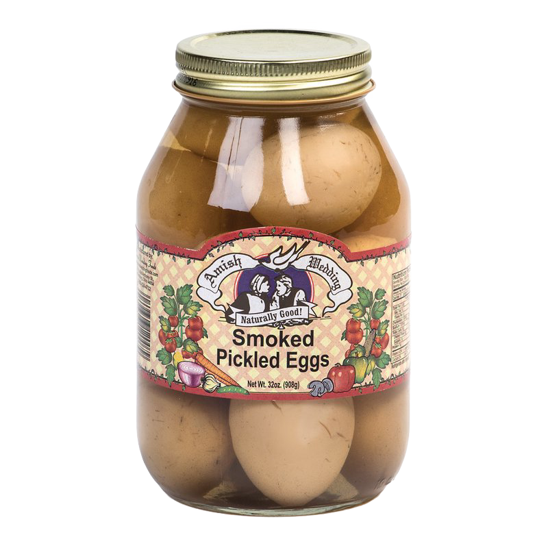 Glass jar of Amish Made smoked pickled eggs with vintage-style label, featuring natural ingredients, ideal for Kitchen & Food, Pantry, USA Made, Best Sellers, and Promo Eligible collections.