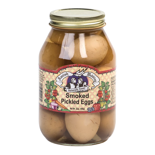 Glass jar of Amish Made smoked pickled eggs with vintage-style label, featuring natural ingredients, ideal for Kitchen & Food, Pantry, USA Made, Best Sellers, and Promo Eligible collections.