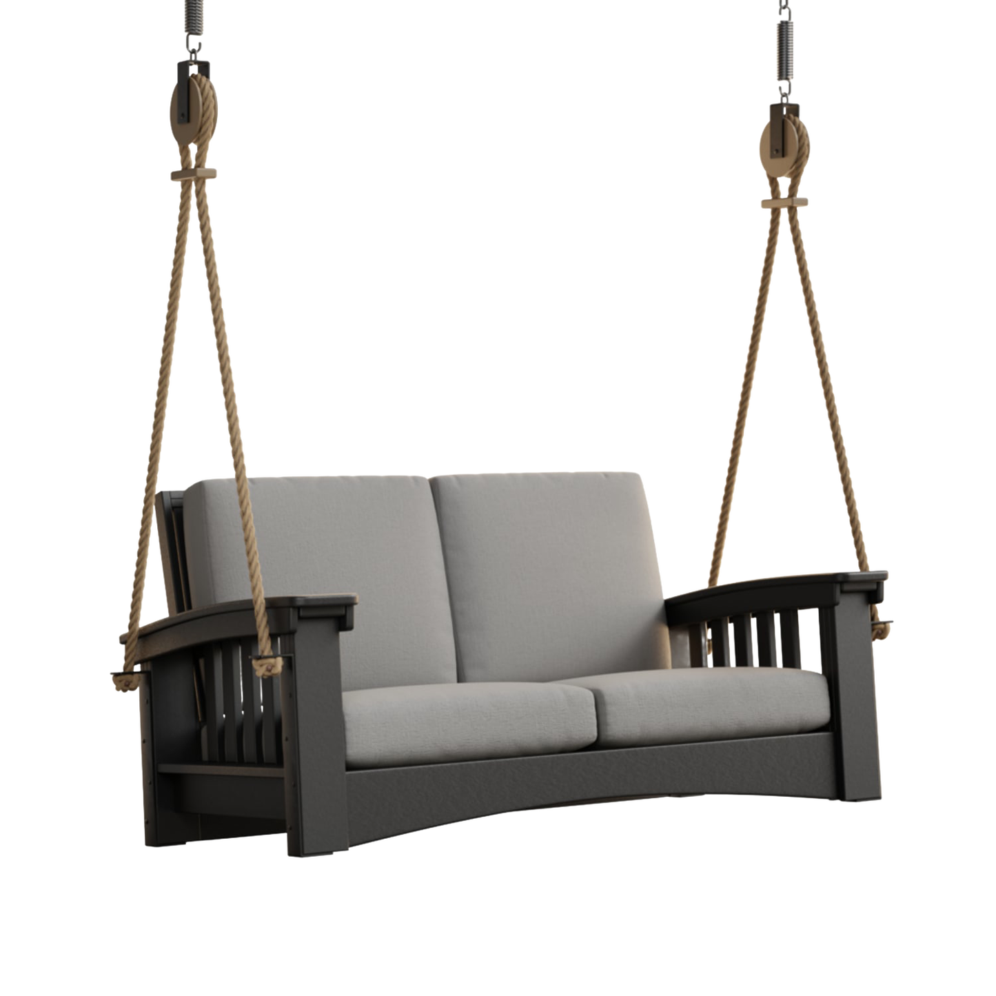Mission Lounge 6 ft rope swing featuring sturdy black painted cypress frame, thick gray cushions, and durable rope suspension, handcrafted in Amish Country, part of Home & Decor, Outdoor Furniture, USA Made, Amish Made, Best Sellers, and Promo Eligible collections.
