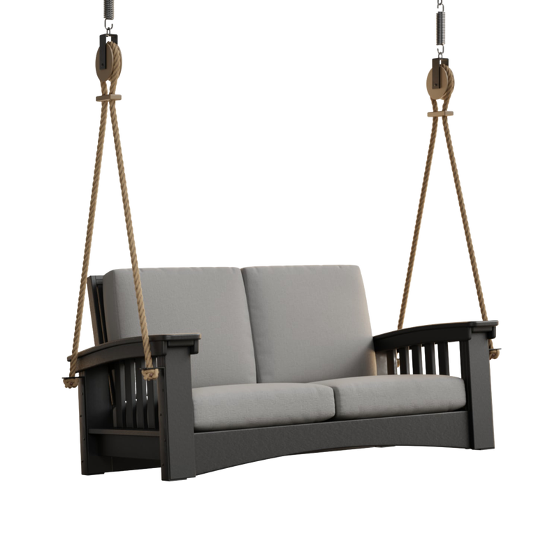 Mission Lounge 6 ft rope swing featuring sturdy black painted cypress frame, thick gray cushions, and durable rope suspension, handcrafted in Amish Country, part of Home & Decor, Outdoor Furniture, USA Made, Amish Made, Best Sellers, and Promo Eligible collections.