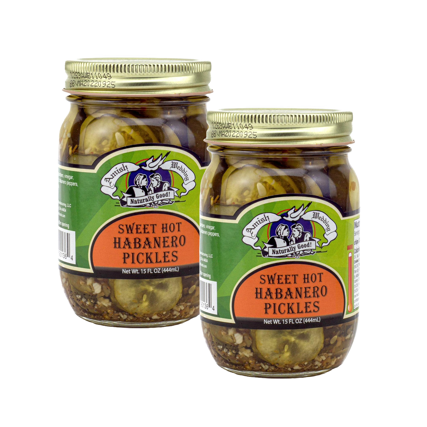 Two jars of handcrafted sweet and spicy pickles infused with habanero peppers, made in USA, ideal for Kitchen & Food, Pantry, and Best Sellers collections.