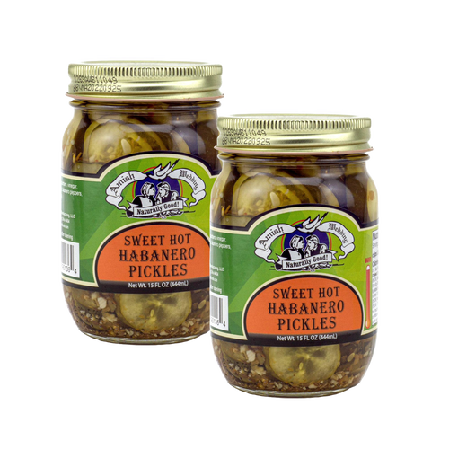Two jars of handcrafted sweet and spicy pickles infused with habanero peppers, made in USA, ideal for Kitchen & Food, Pantry, and Best Sellers collections.