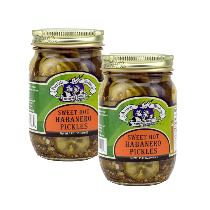 Two jars of handcrafted sweet and spicy pickles infused with habanero peppers, made in USA, ideal for Kitchen & Food, Pantry, and Best Sellers collections.