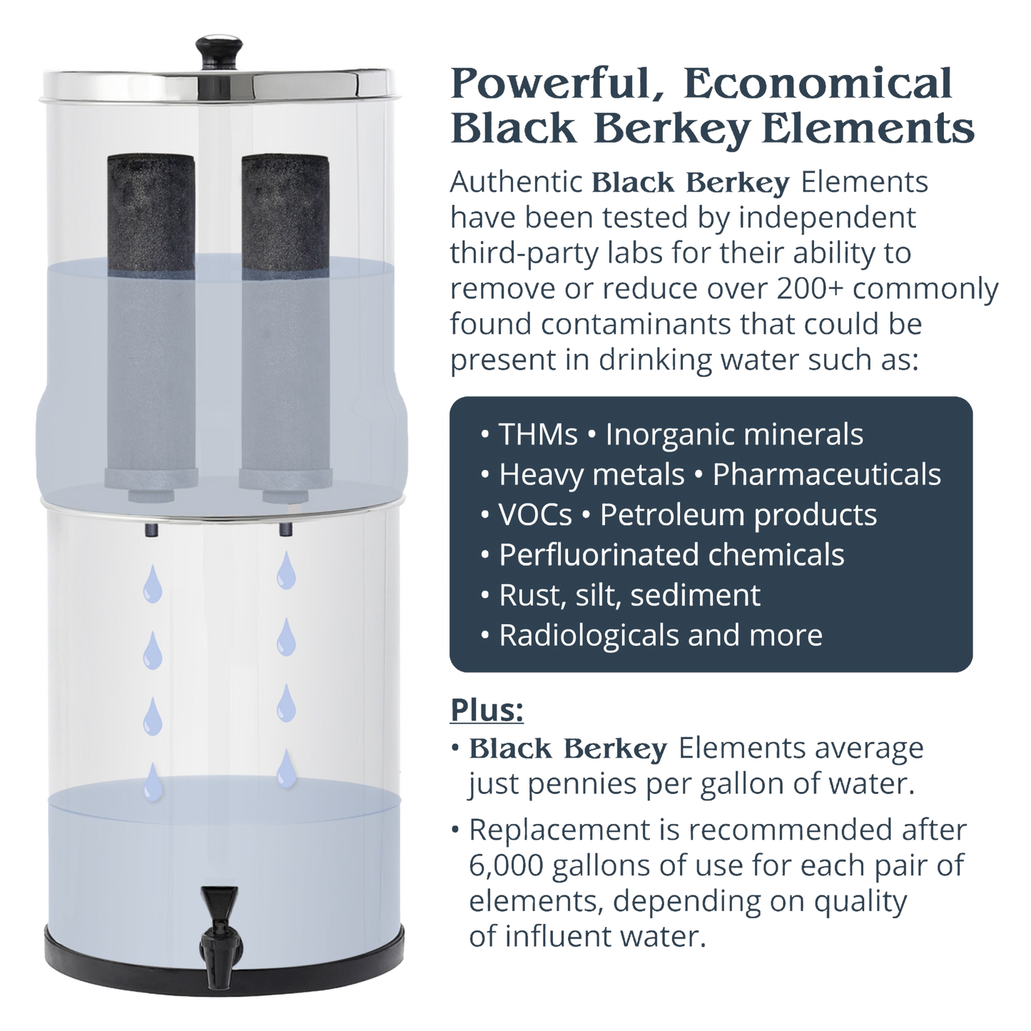 Gravity-fed water filtration system with two black replacement filter elements removing contaminants like heavy metals, pharmaceuticals, and sediment, featured in appliances and water treatment collections.