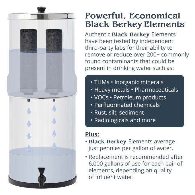 Gravity-fed water filtration system with two black replacement filter elements removing contaminants like heavy metals, pharmaceuticals, and sediment, featured in appliances and water treatment collections.