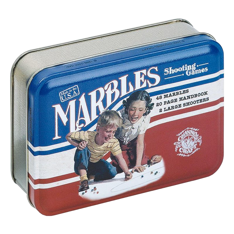 Rectangular metal tin with vintage-style lid design featuring children playing marbles, containing 48 marbles, a 20-page handbook, and two marble shooters, handcrafted in USA, part of Toys, Books & Games and Best Sellers collections.