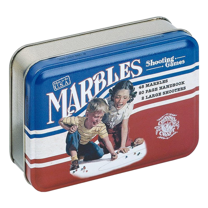 Rectangular metal tin with vintage-style lid design featuring children playing marbles, containing 48 marbles, a 20-page handbook, and two marble shooters, handcrafted in USA, part of Toys, Books & Games and Best Sellers collections.