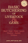 Cover of a handcrafted book titled Basic Butchering of Livestock & Game by John J. Mettler Jr., featuring a deep red background, focusing on beef, veal, pork, lamb, poultry, rabbit, and venison, popular in Toys, Books & Games and Farm and Livestock Books collections.