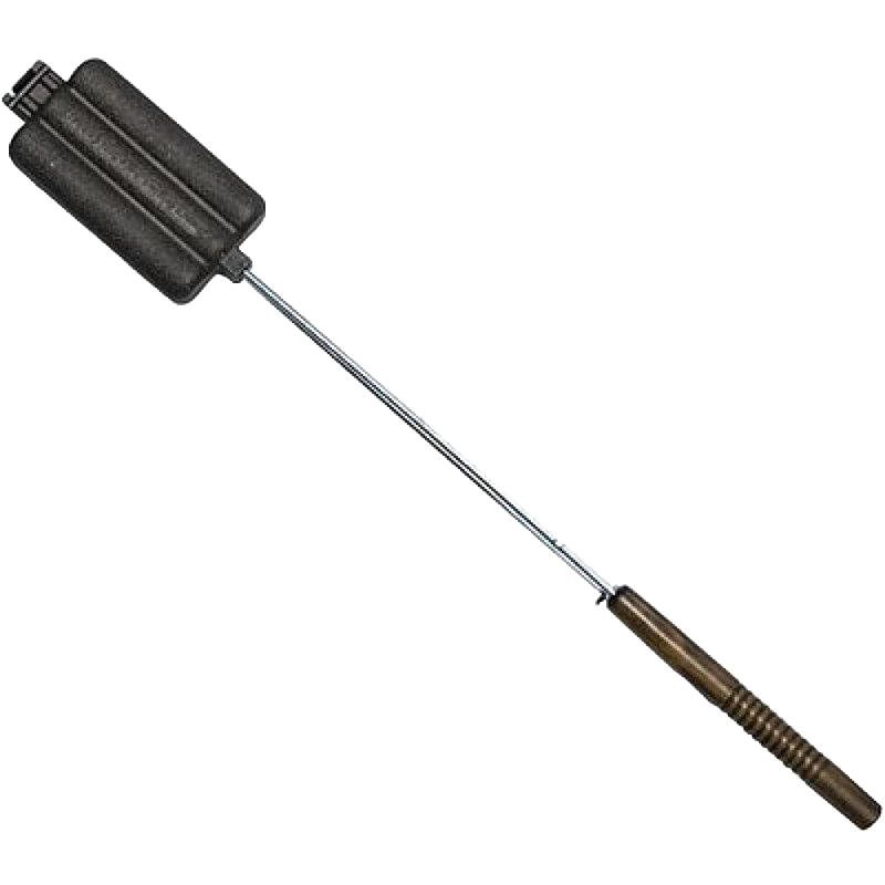 Handcrafted cast iron hot dog pie iron with three elongated compartments and a metal handle featuring wooden grips, ideal for Farm, Garden & Tool, Camping, Best Sellers, and Promo Eligible collections.