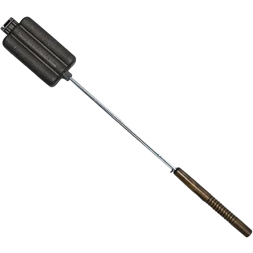 Handcrafted cast iron hot dog pie iron with three elongated compartments and a metal handle featuring wooden grips, ideal for Farm, Garden & Tool, Camping, Best Sellers, and Promo Eligible collections.