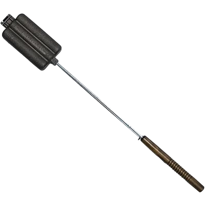 Handcrafted cast iron hot dog pie iron with three elongated compartments and a metal handle featuring wooden grips, ideal for Farm, Garden & Tool, Camping, Best Sellers, and Promo Eligible collections.