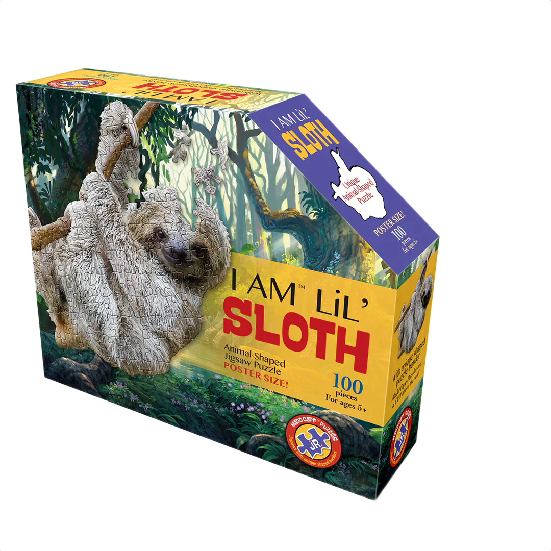 Colorful box featuring a uniquely shaped 100-piece sloth jigsaw puzzle with large pieces ideal for children, part of a handcrafted collection in Toys, Books & Games and Children's Toys.